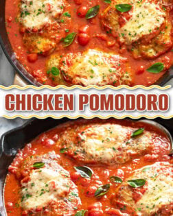 A collage of Chicken Pomodoro in a skillet from an overhead view and side view.