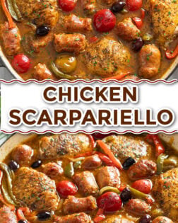 Collage of Chicken Scarpariello in a braiser with pan sauce, sausage, chicken thighs, peppers, and cherry peppers.