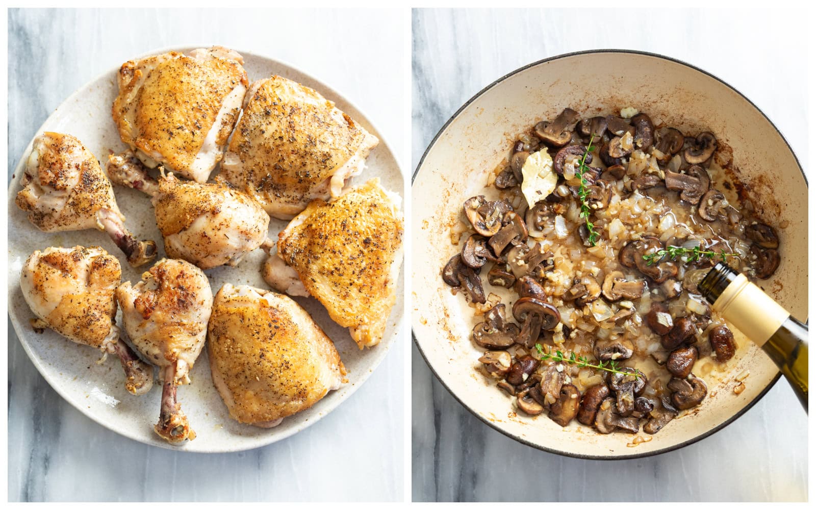 A plate of seared chicken thighs and drumsticks next to a skillet of onions and mushrooms with wine being added.
