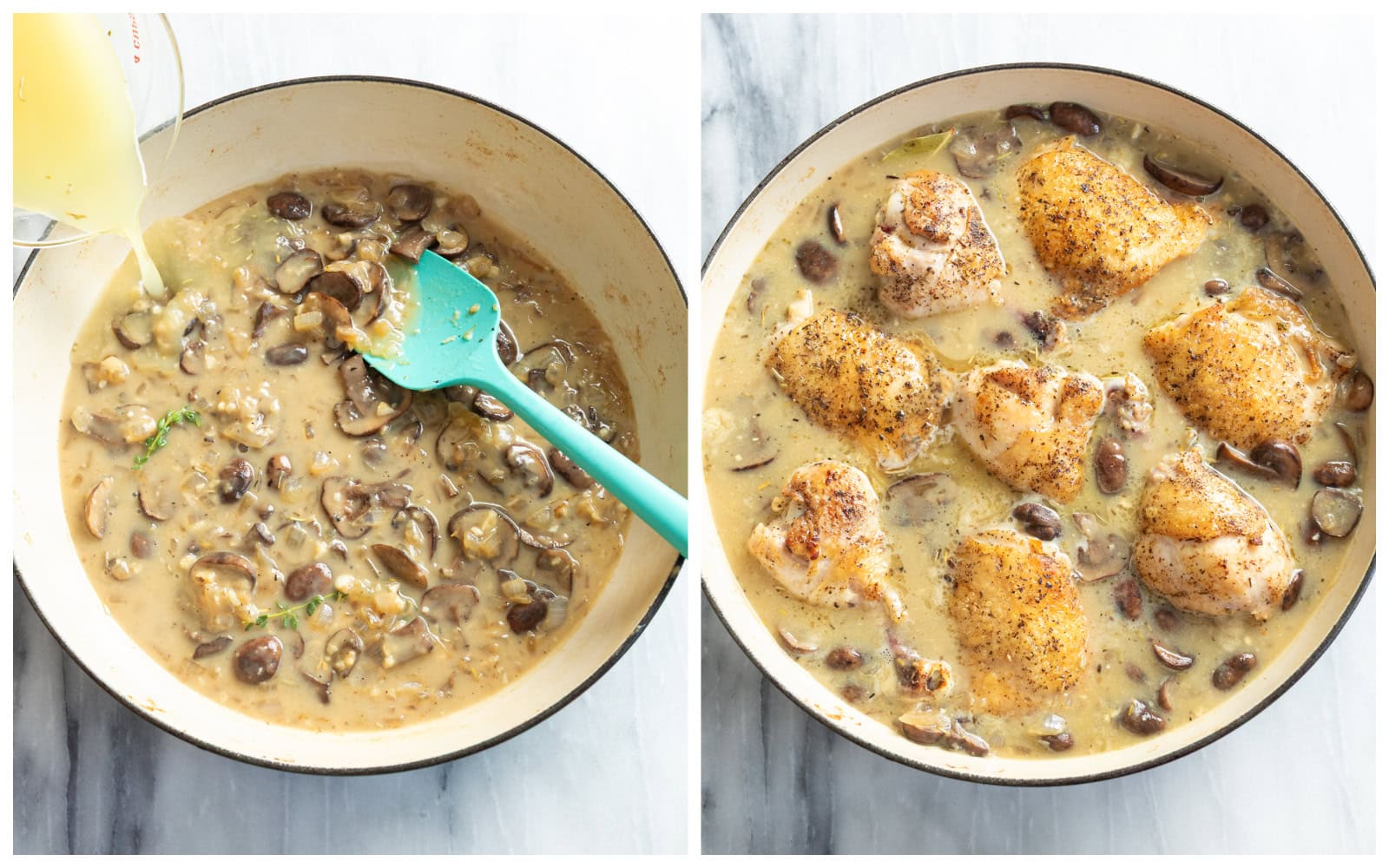 A skillet of cooked onions and mushrooms with sauce being added next to a skillet with chicken added back to the sauce.