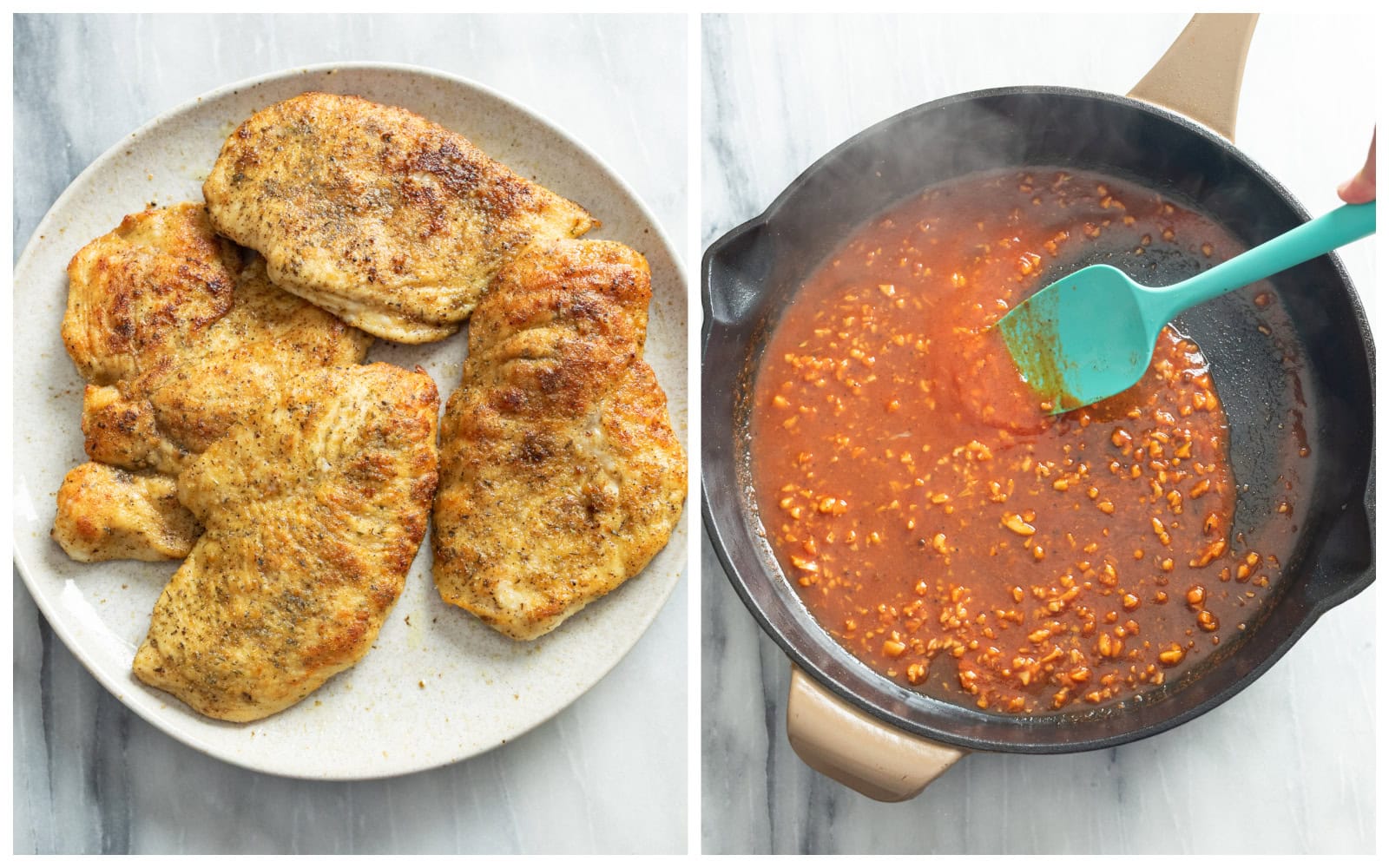 A plate of breaded and seared chicken next to a skillet with reduced wine, tomato paste, and garlic.