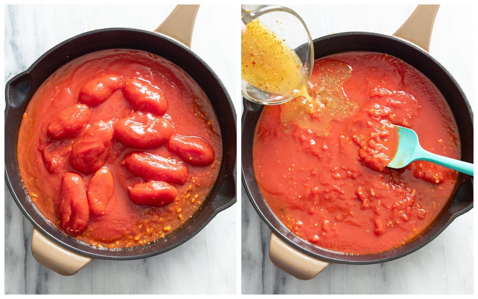 A skillet with whole plum tomatoes next to a skillet of crushed tomatoes with broth and seasonings being added.