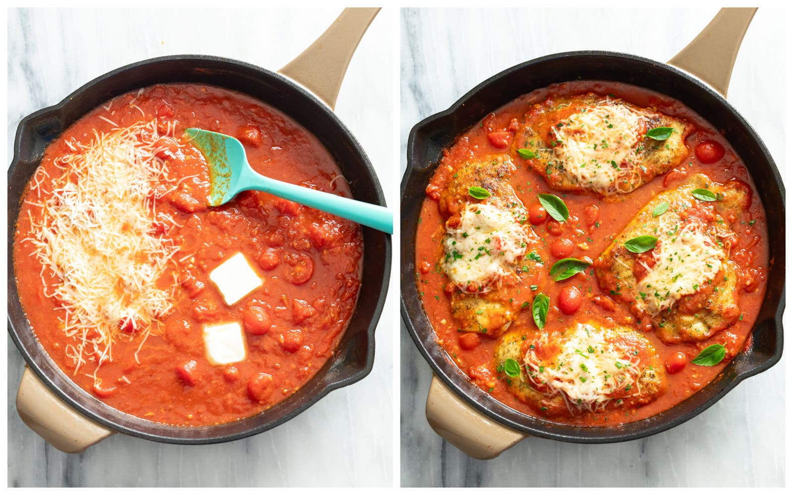 A skillet of pomodoro sauce with parmesan and cold butter being added next to a finished skillet of Chicken Pomodoro.