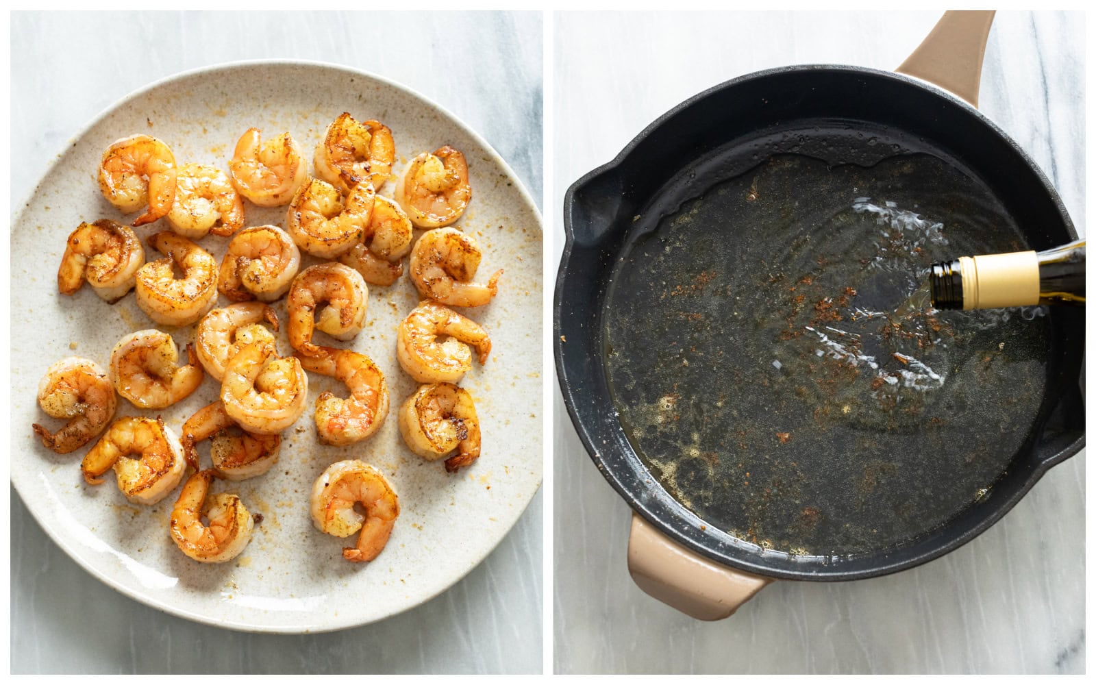 A skillet of seasoned and seared shrimp next to a skillet being deglazed with wine.