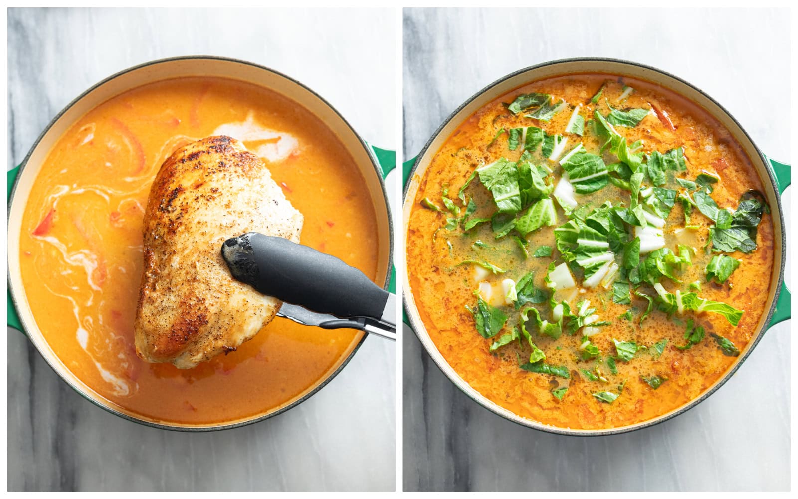 A soup pot with seared chicken being added to it next to a soup pot with chopped bok choy being added.