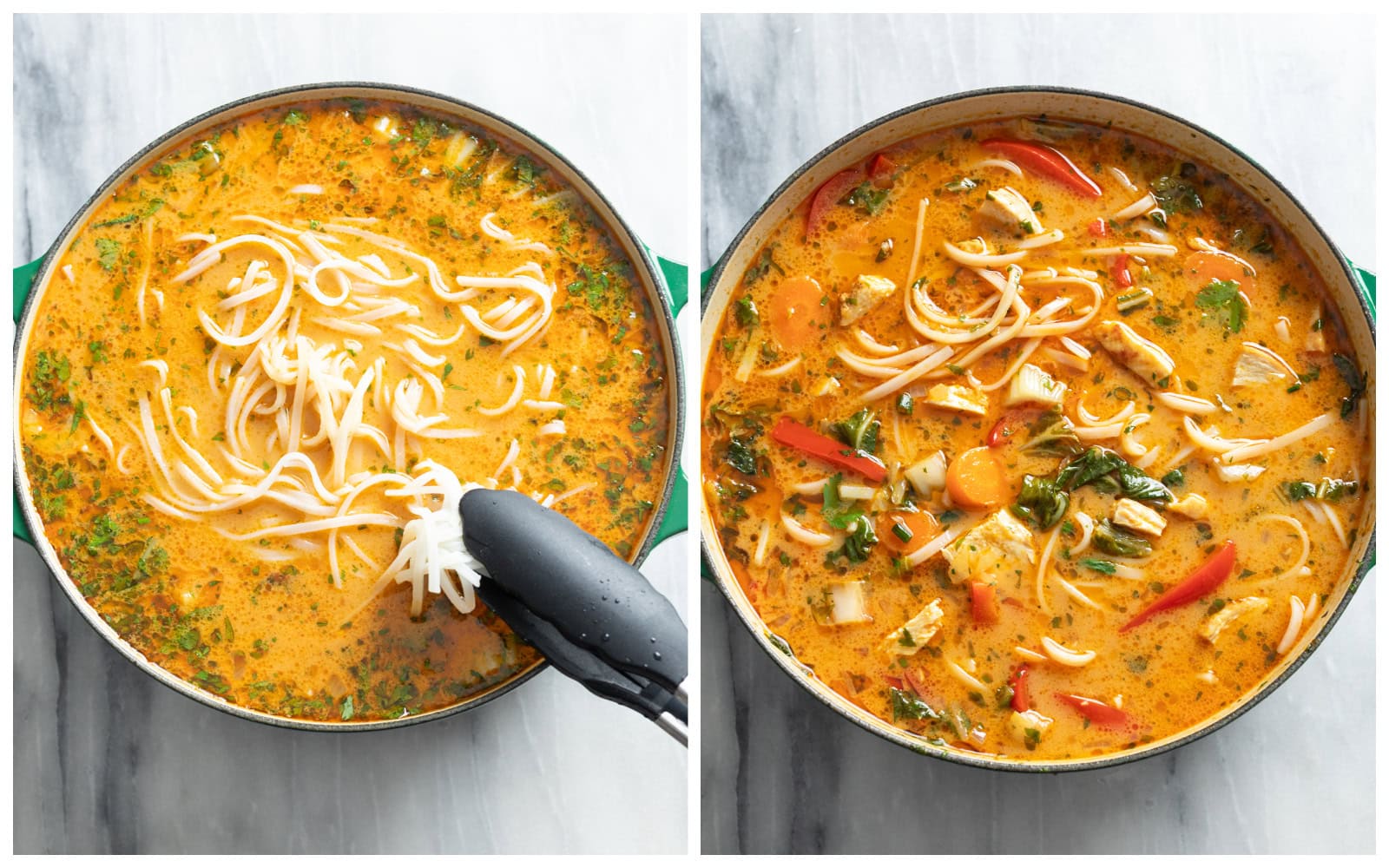 A soup pot of Thai Chicken Soup with noodles being added next to a completed soup pot with Thai Chicken Soup.