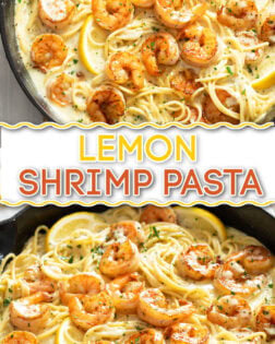 A collage of Lemon Shrimp Pasta in a skillet with a cream sauce, spaghetti, lemon wedges, and parsley.