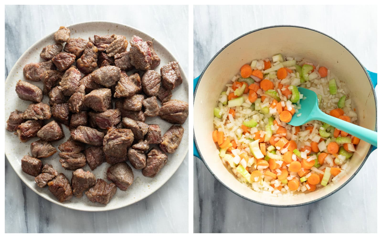A plate of seared chunks of beef next to a pot with a mirepoix.
