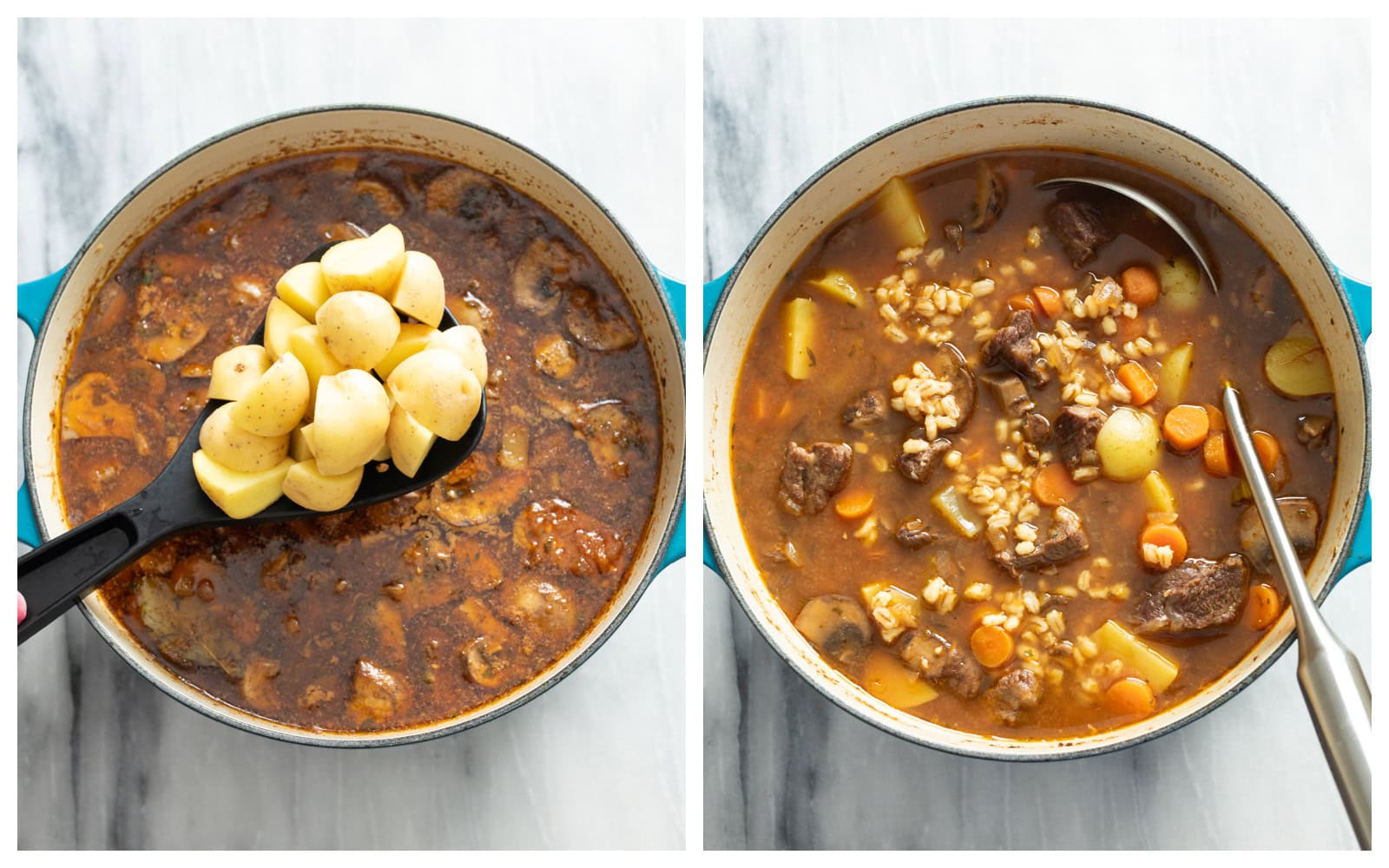 A soup pot with potatoes being added next to a soup pot of beef barley soup.