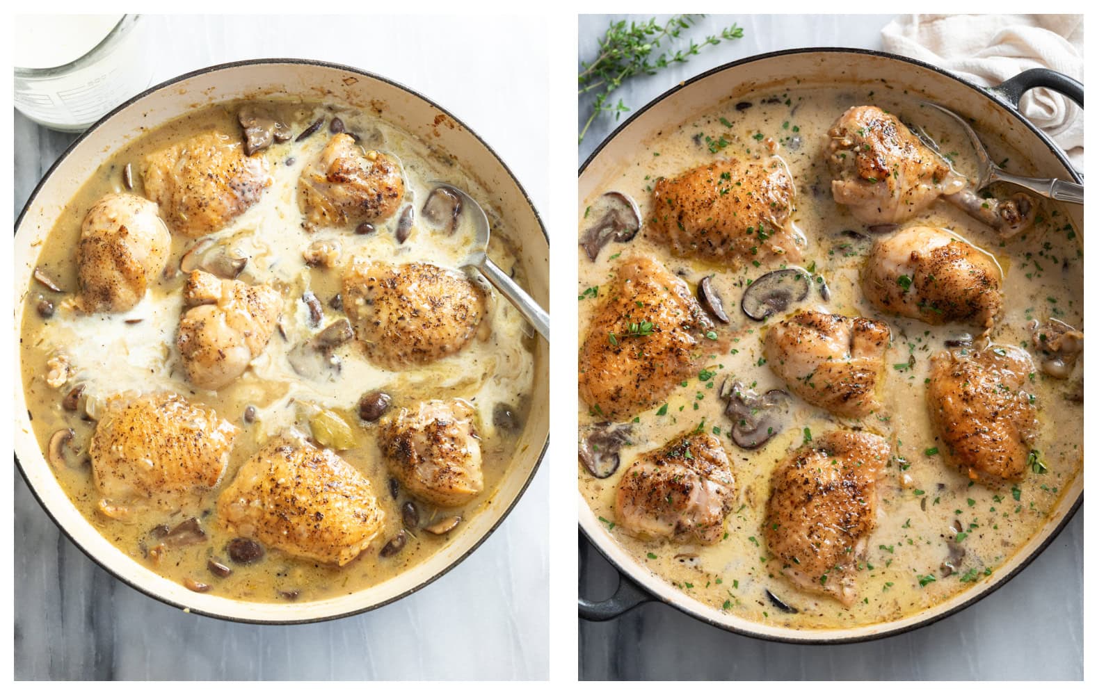 A skillet of cream being added to Chicken Fricassee next to a skillet of the finished dish with parsley on top.