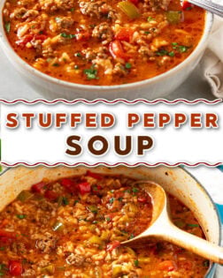 A collage of Stuffed Pepper Soup in a soup bowl and in a blue soup pot.